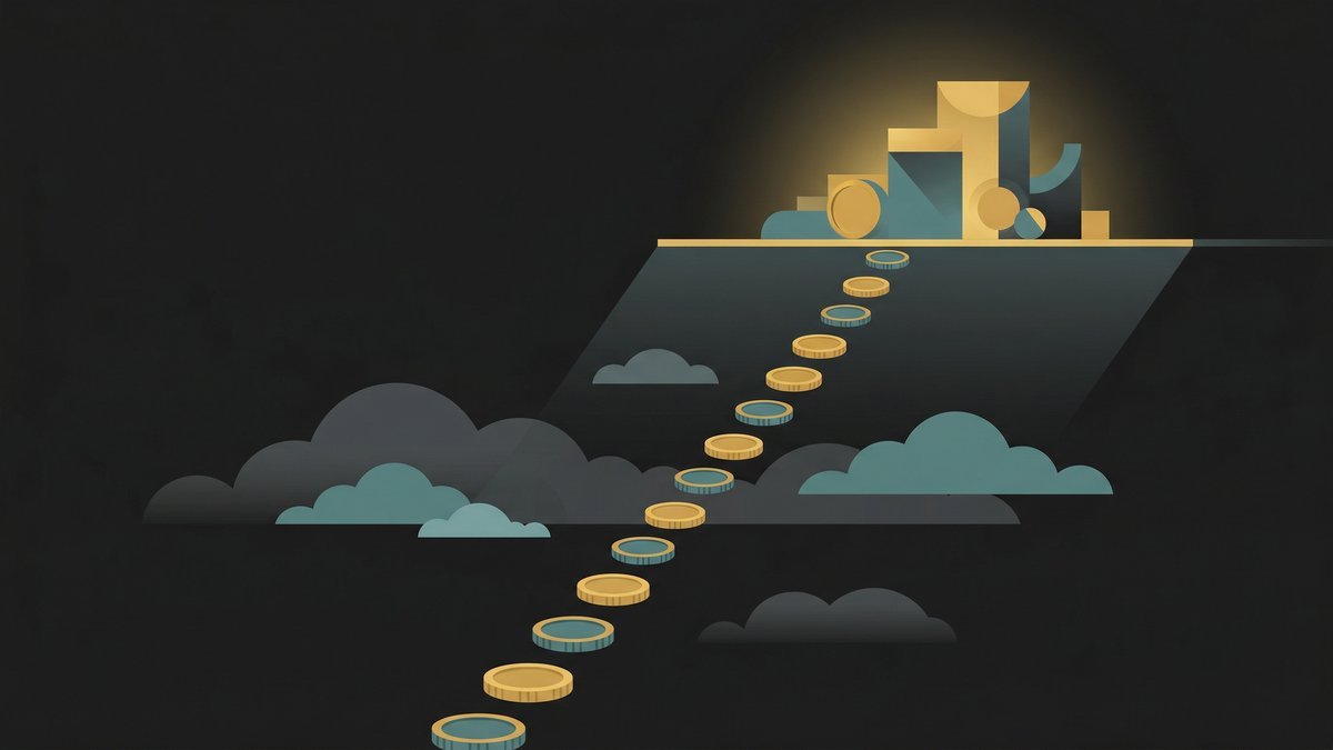 Abstract coin staircase rising through clouds to wealth illustration showing how to build wealth on an average salary