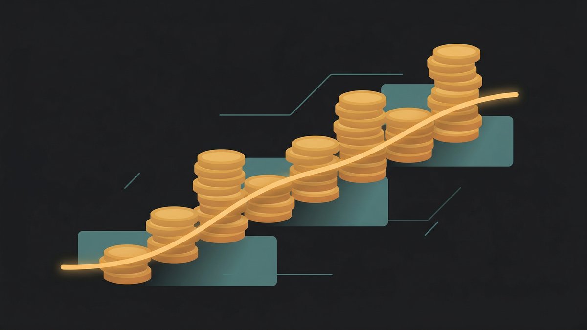 Abstract stepped coin staircase with averaging line illustrating dollar-cost averaging strategy for consistent investing
