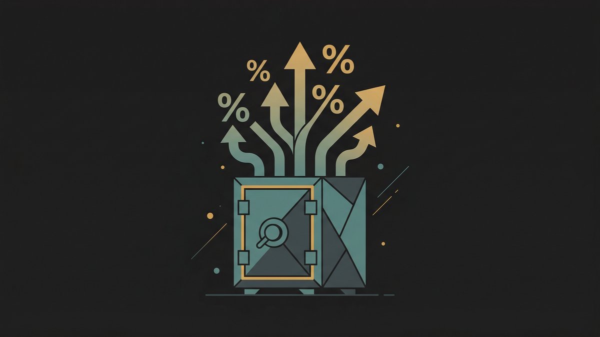 Abstract safe with growing percentage arrows illustrating high-yield savings account benefits and higher interest rates for beginners