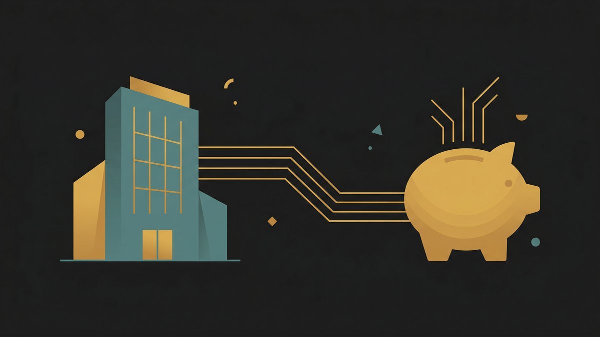 Abstract illustration of office building connected to piggy bank showing what is a 401k employer retirement plan