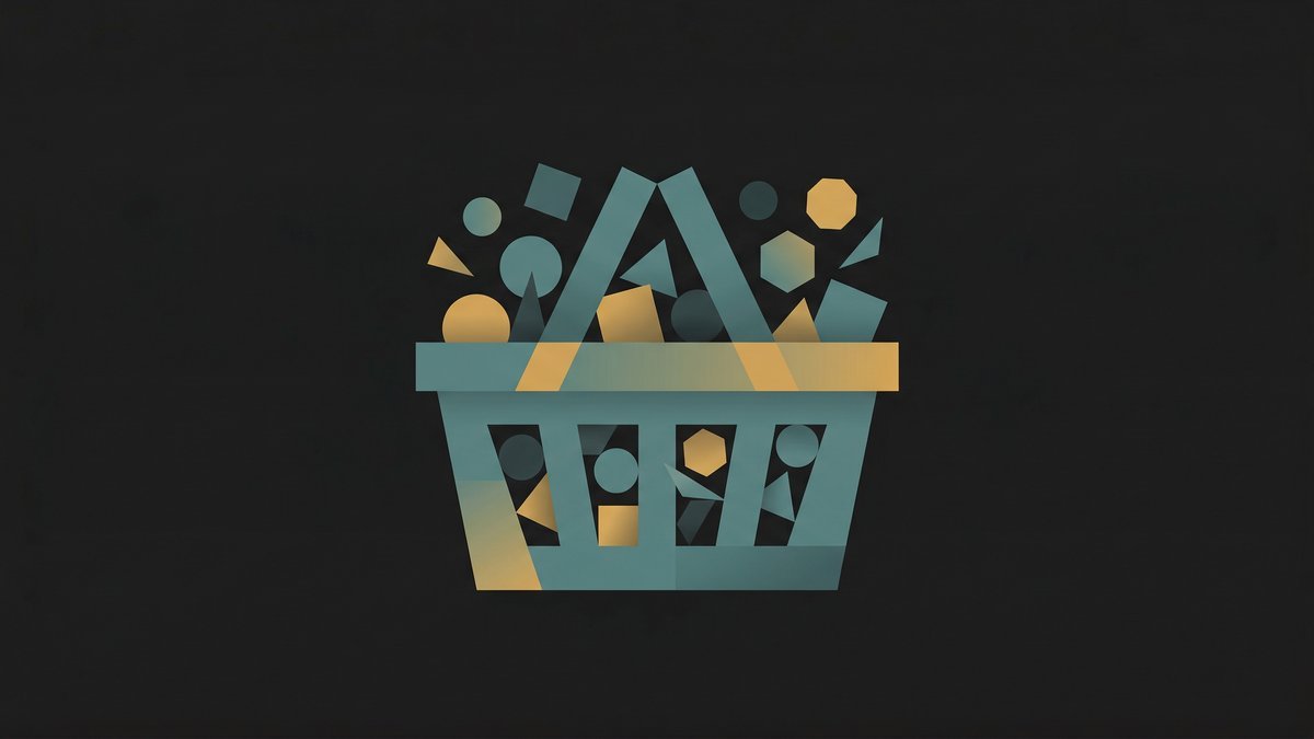 Abstract basket filled with diverse geometric shapes illustrating what is an ETF and how exchange-traded funds bundle multiple investments